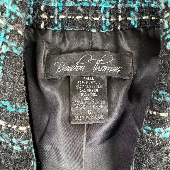 Vintage BRANDON THOMAS Black & Teal Tweed Open Front Jacket Coat Sz 6 Small - Picture 2 of 7